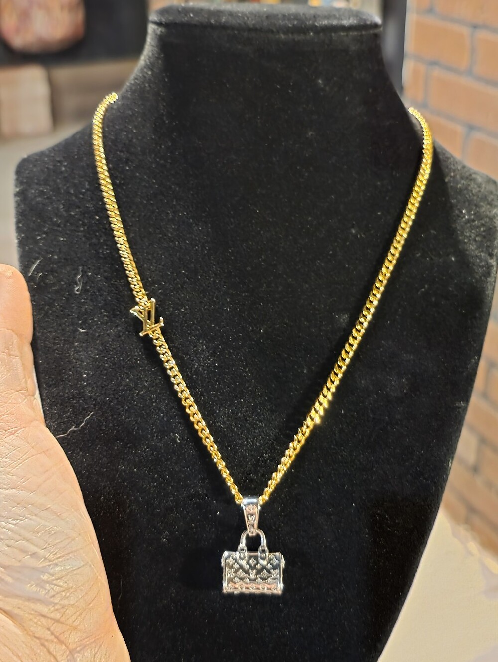 USED....LV Upcycled Gold-Tone Chain Necklace with Silver Handbag LV Pendant